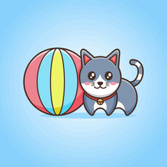 Happy cute cat cartoon with grey and white color beside a colorful ball in pink background flat design