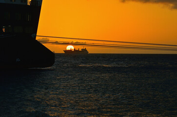 Ships on the Roadstead at the Port of Willemstad, Curacao at Sundown