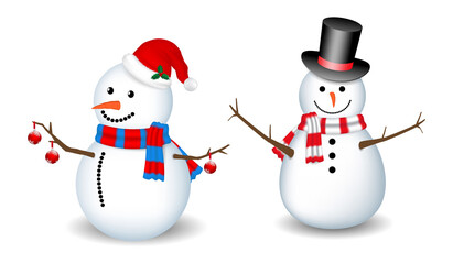 set of realistic snowman isolated or cute snowman with santa hat on snowy background or snowman with medical mask cartoon concept. eps vector