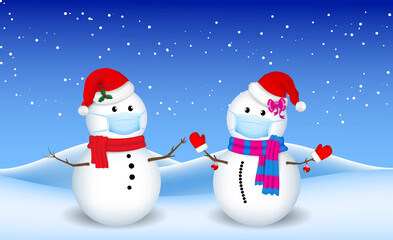 set of realistic snowman isolated or cute snowman with santa hat on snowy background or snowman with medical mask cartoon concept. eps vector