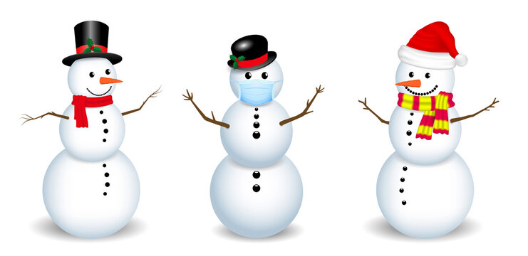 set of realistic snowman isolated or cute snowman with santa hat on snowy background or snowman with medical mask cartoon concept. eps vector