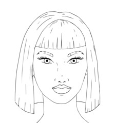 Doodle girl face with fantasy hair coloring page for adults. Fantastic graphic artwork. Hand drawn simple illustration.