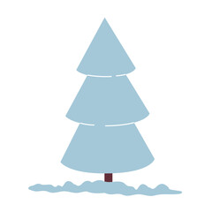 Blue fir tree cartoon, standing in the snow, winter park. Christmas tree. For New Year winter design. Simple vector illustration in flat minimalistic style isolated on white background.