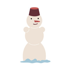 Cute cartoon snowman standing in the snow, winter park, smiling. The character for New Year winter design. Simple vector illustration in flat style isolated on white background.