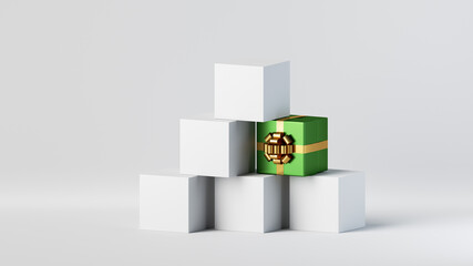 3d render, green gift box on top in the pile of blank boxes. Business metaphor, best choice concept, unique object idea. Modern minimal Christmas background. Festive infographics