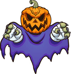 Evil Halloween pumpkin ghost wearing gloves. Vector clip art illustration with simple gradients. All on a single layer.

