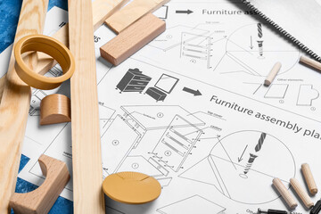 Closeup view of furniture assembling plan and tools on table