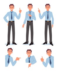 Set of man. Collection of pictures with young guy, animation. Employee, businessman, friendly person. Gestures, facial expressions. Cartoon flat vector illustration isolated on white background
