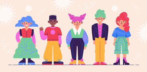 Abstract bright people. Collection of cartoon characters. Set of heroes for children. Human, group of friend, boy, girl, teenagers. Cartoon flat vector illustration isolated on white background