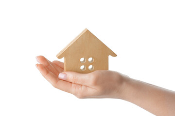 Woman with wooden house on white background