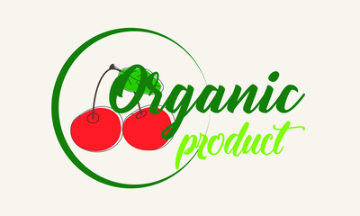 Organic food cherry logo. Packaging logo tag for green eco organic product. Natural product. Collection of cafe emblems, badges, tags, packaging.