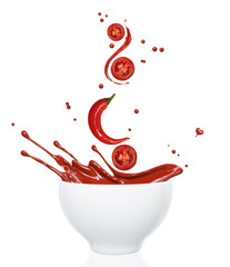Ripe tomatoes and chilli pepper fall into bowl with splashing red tomato sauce, isolated on white background, 3d rendering