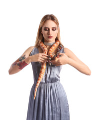 Sexy young woman with snakes on white background