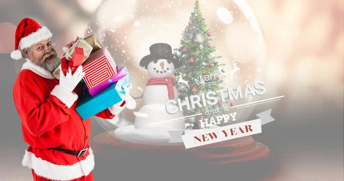 Animation of christmas greetings and santa claus keeping presents over snow globe