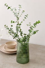 Vase with beautiful eucalyptus branches on table against light background