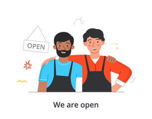 Men open shop. People rejoice at opening of new outlet, businessmen, salespeople. Return to work mode, cafe, store, bacery, market. Cartoon flat vector illustration isolated on white background