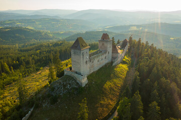 Aerial view of medieval Kasperk castle in a sunny day in South Bohemia, Sumava, Czech Republic