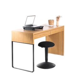 Wooden desk with laptop and chair on white background