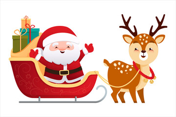 Cute Santa Claus is sitting in a sleigh pulled by a reindeer. Vector illustration in cartoon style isolated on white background