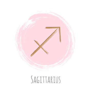 Pink and gold color Sagittarius horoscope icon, circle hand painted zodiac vector sign. Astrological icon isolated. Sagittarius astrology horoscope symbol round clip art on white background.