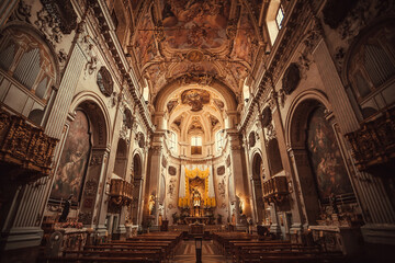 Great 17th century Baroque Church with symbols of Christianity and huge hall