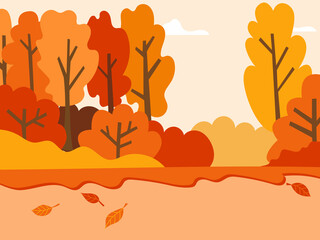 Autumn landscape with trees, sky and fallen leaves. Autumn, landscape for postcards. Vector illustration
