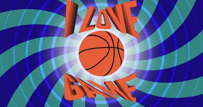 video intro with the image of a basketball ball appearing and stylized text on an animated blue background for decorating timeouts in games, interiors of sports clubs and studios