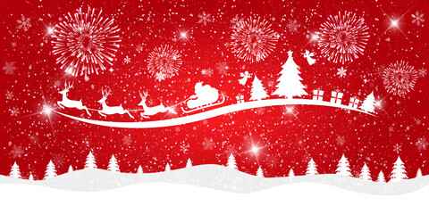Merry Christmas and happy New Year. Christmas snow landscape on the red background with santa claus. Vector illustration.