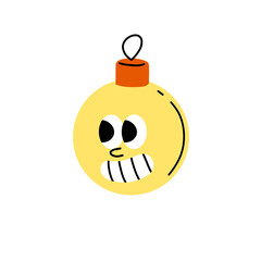 Christmas character - comic garland ball with face. Abstract fun yellow circle with eyes. New Year sticker.