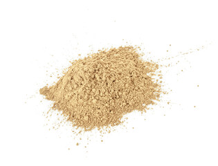Pile of hojicha powder on white background