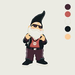 Cartoon illustration of cool garden gnome in leather jacket, black cap and pendant