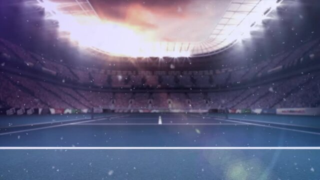 Animation of snow falling over sports stadium