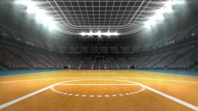 Animation of burning layer over basketball court sports stadium