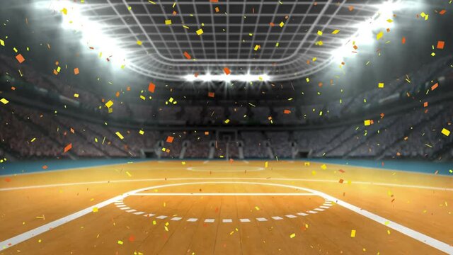 Animation of confetti falling over basketball court sports stadium