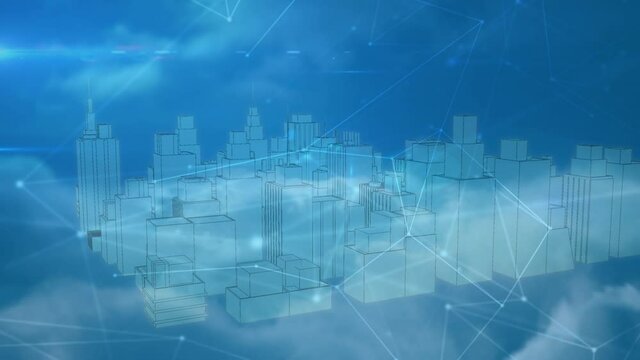 Animation of network of connections and data processing over 3d cityscape drawing