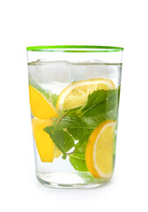 Glass of tasty mint tea with lemon on white background
