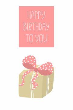 Birthday card. Vector illustration of a box with a gift and a greeting inscription Happy Birthday. Printable greeting card template