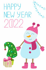 Christmas card 2022. Printable Happy New Year greetings. Vector illustration of a snowman, new year tree with a gift box and a greeting lettering