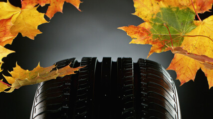 Car tire with falling autumn leaves.