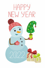 Vector illustration of a cute snowman, New Year tree with a gift box and a greeting lettering. New Year Card 2022. Holiday Greeting Cards