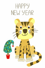 The symbol of the Chinese year 2022 is the tiger. New year card with greeting lettering, cute tiger and new year tree. Christmas printable card
