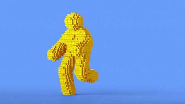 looping 3d animation, yellow pixel man cartoon character dancing. Funny mascot isolated on blue background
