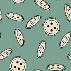Seamless pattern with round clothing buttons on a blue background Vintage vector illustration with buttons for clothes Retro hand-drawn pattern