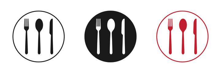 Dishes. Spoon, fork, knife and plates icons set, menu logo, cutlery silhouette. Vector illustration.