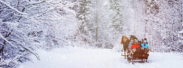 Winter landscape, banner - view of the snowy road with a horse sleigh in the winter mountain forest...