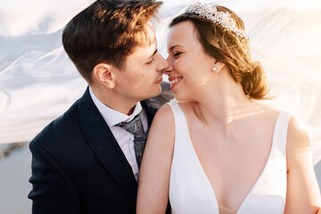 Just married couple under the bride veil