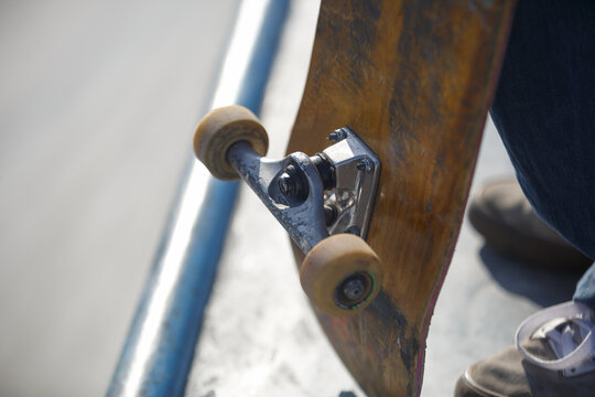 Old used skate board deck in skatepark