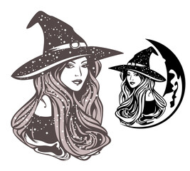 beautiful sorceress with long hair wearing traditional witch hat and crescent moon - celestial magic astrologer vector portrait