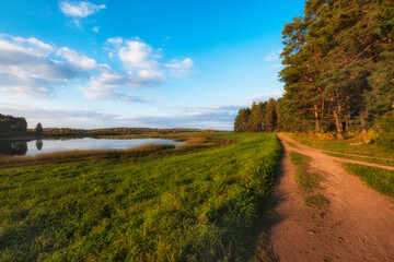 dirt village road between forest and lake on a beautiful evening in early autumn. Pushkin mountains, Pskov region, Russia. - obrazy, fototapety, plakaty
