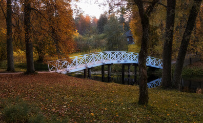 White bridge in the Pushkin Hills on an autumn evening in the countryside.  Russia